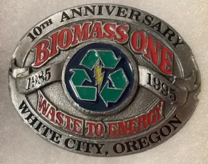 Vintage 1995 Metal Belt Buckle, Biomass One, Waste to Energy, White City, Oregon, Nice Design, 2 3/4" x 2 1/4", Heavy Duty, Quality