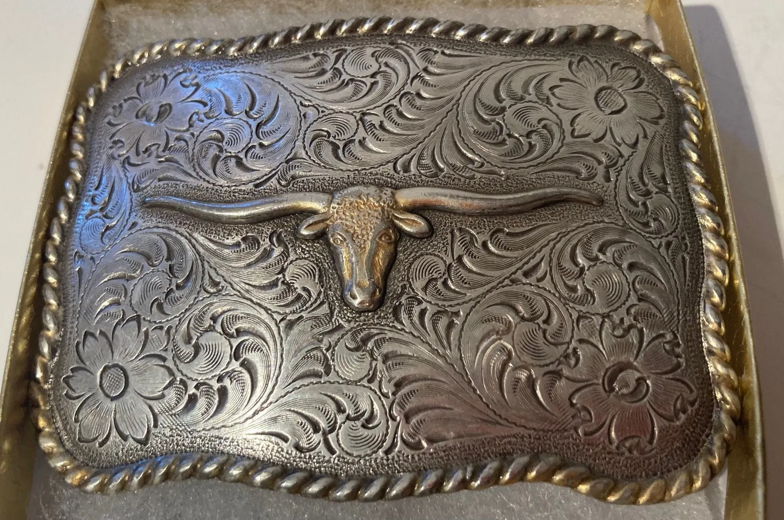 Vintage 1995 Metal Belt Buckle, Longhorn, Bull, Silver, Heavy Duty, Quality, Thick Metal, 3 1/2" x 2 3/4", For Belts, Made in USA, Fashion