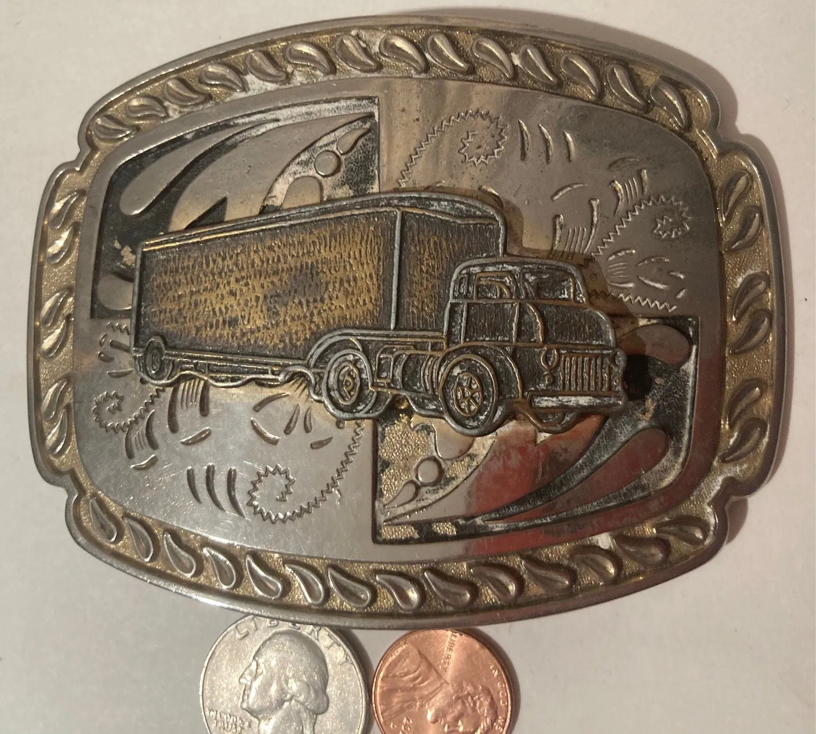 Vintage Metal Belt Buckle, Antique Semi Truck, Trucking, Trailer, Nice Design, 4" x 3", Heavy Duty, Quality, Thick Metal, Made in USA