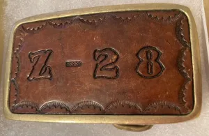 Vintage Metal Belt Buckle, Brass and Leather, Z28, Car, Muscle Car, Hot Rod, Heavy Duty, Quality, Thick Metal, 3" x 1 3/4", For Belts