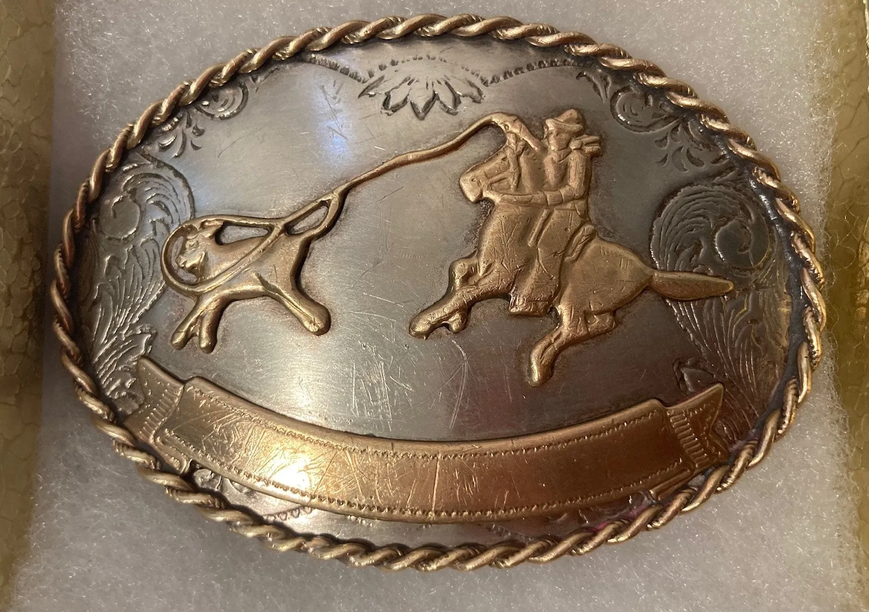 Vintage Metal Belt Buckle, German Silver and Brass, Nice Cow Roping Design, Rodeo, Cowboy, Nice Western Design, 3 1/4" x 2 1/4", Heavy Duty