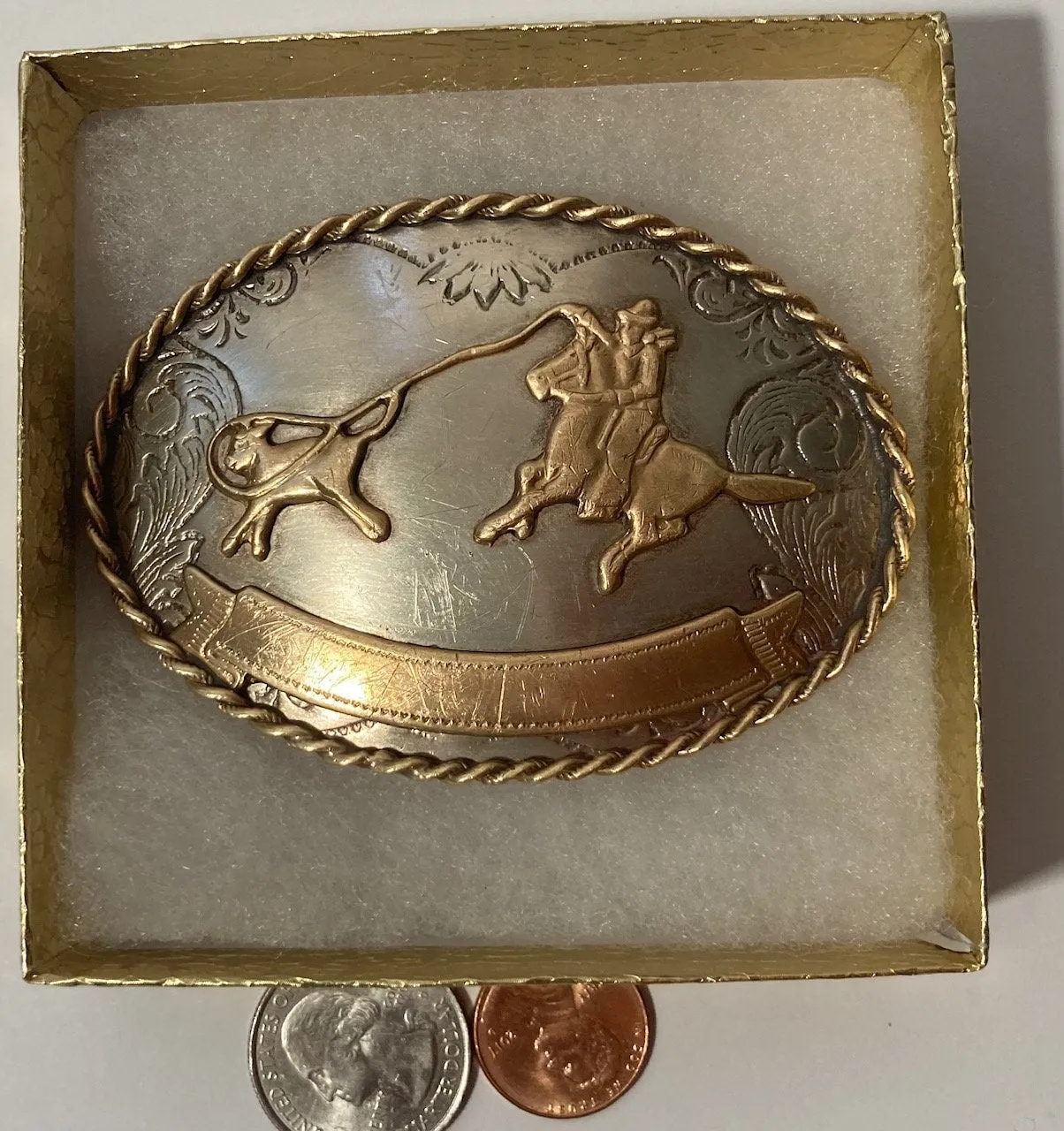 Vintage Metal Belt Buckle, German Silver and Brass, Nice Cow Roping Design, Rodeo, Cowboy, Nice Western Design, 3 1/4" x 2 1/4", Heavy Duty