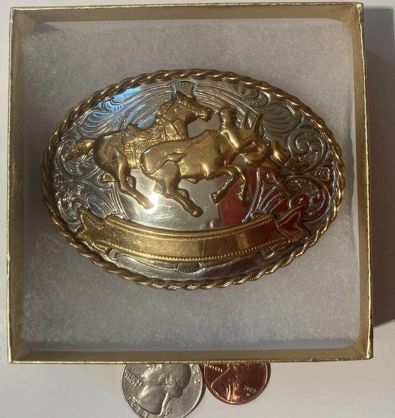 Vintage Metal Belt Buckle, German Silver, Steer Wresting, Cow Wrestling, Rodeo, Nice Western Style Design, 3 1/4" x 2 1/4", Heavy Duty