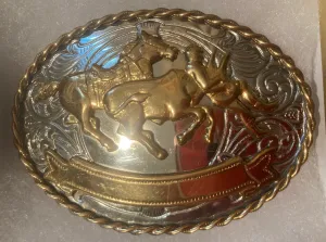 Vintage Metal Belt Buckle, German Silver, Steer Wresting, Cow Wrestling, Rodeo, Nice Western Style Design, 3 1/4" x 2 1/4", Heavy Duty