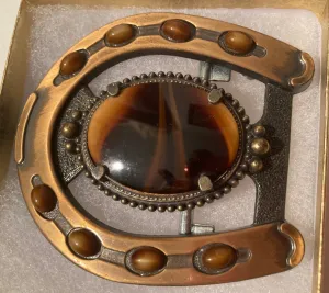 Vintage Metal Belt Buckle, Horseshoe, Nice Brown Stones, Nice Design, 3 1/2" x 3", Heavy Duty, Quality, Thick Metal, Made in USA