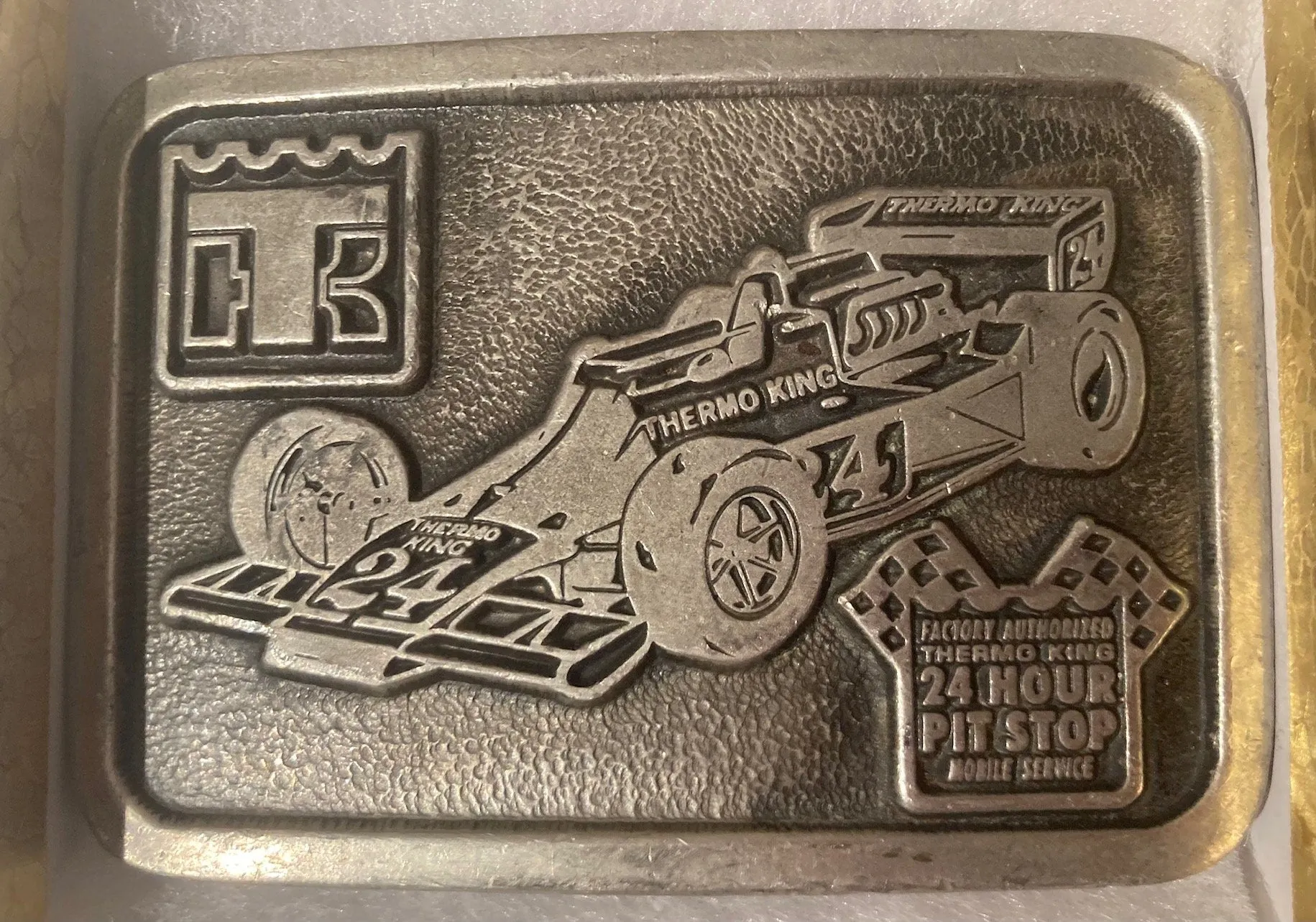 Vintage Metal Belt Buckle, Indy Racing, Thermo King, 24 Hour Pit Stop, Race Car, Nice Western Style Design, 3 1/2" x 2 1/2", Heavy Duty