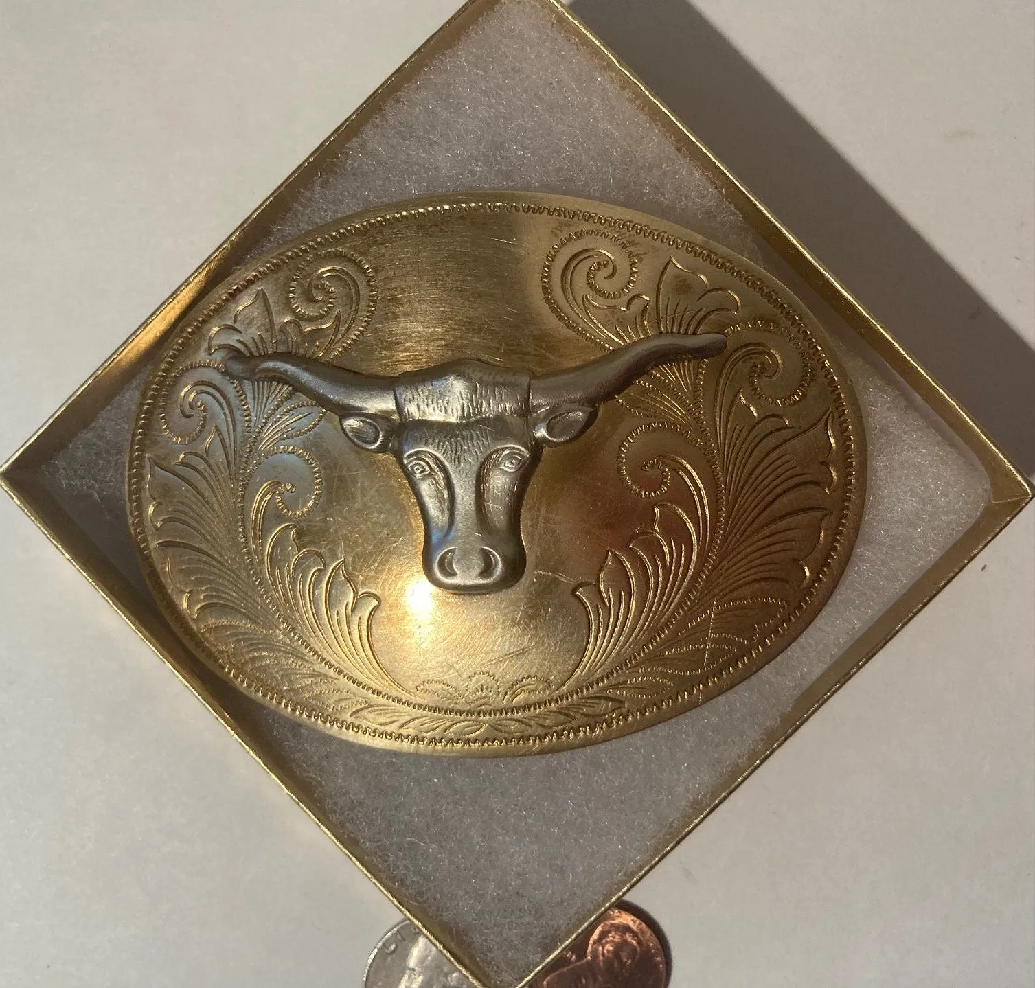 Vintage Metal Belt Buckle, Justin, Western, Longhorn, Bull, Cattle, Nice Design, 3 3/4" x 2 3/4", Heavy Duty, Quality, Thick Metal