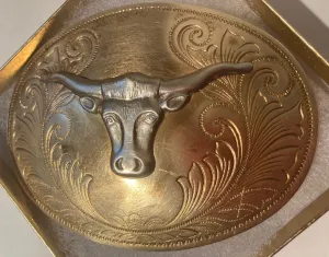 Vintage Metal Belt Buckle, Justin, Western, Longhorn, Bull, Cattle, Nice Design, 3 3/4" x 2 3/4", Heavy Duty, Quality, Thick Metal