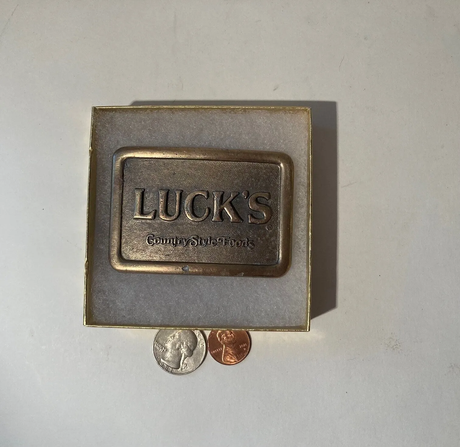 Vintage Metal Belt Buckle, Luck's, Country Style Foods, Groceries, Food, 3" x 2", Heavy Duty, Quality, Thick Metal, Made in USA