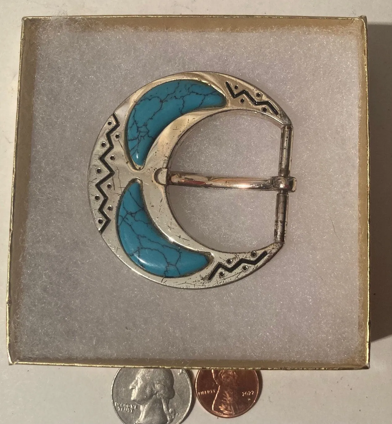 Vintage Metal Belt Buckle, Nice Good Turquoise Design, Nice Western Style Design, 2" x 2 1/24, Heavy Duty, Quality, Thick Metal, Made in USA