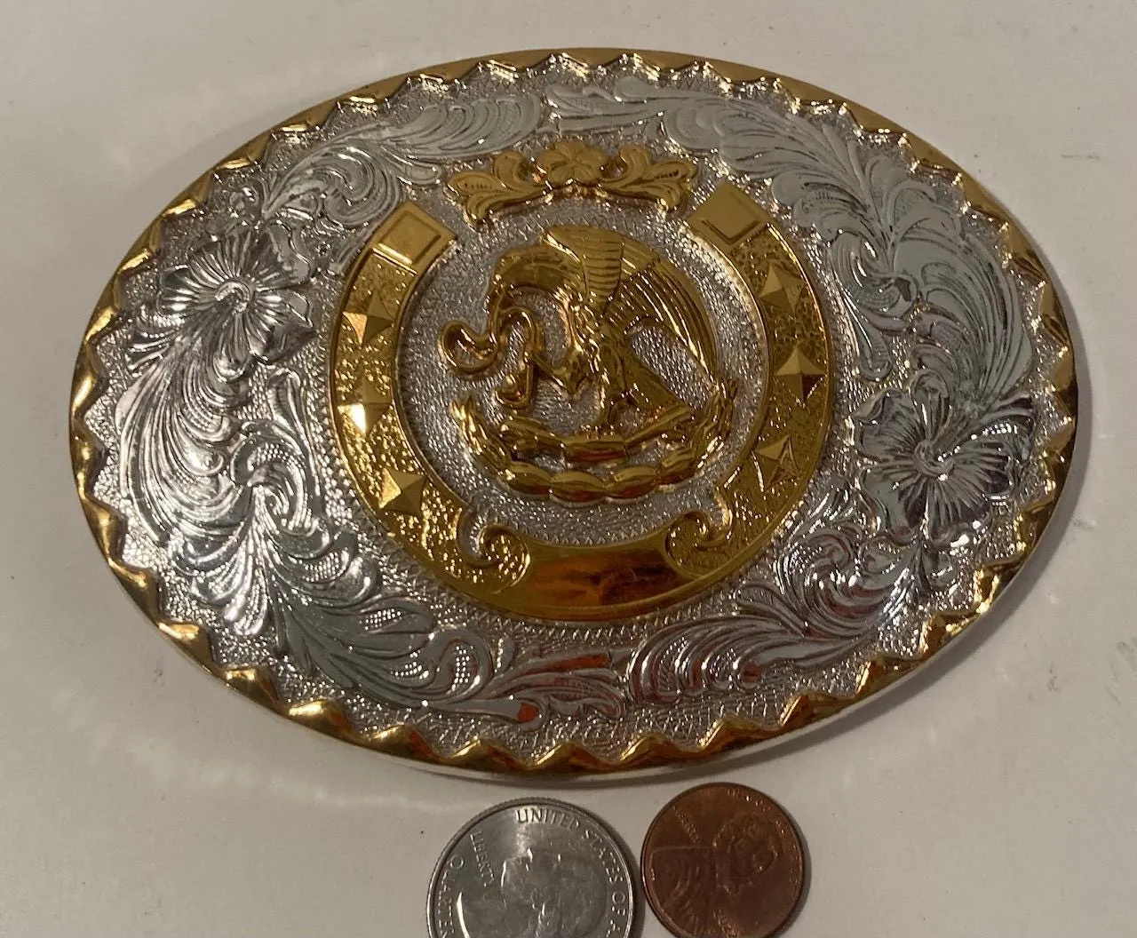 Vintage Metal Belt Buckle, Silver and Brass, Big Size, Eagle, Nice Design, 5" x 3 3/4", Heavy Duty, Quality, Thick Metal